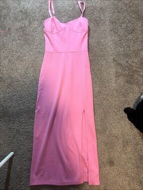 Fitted Pink Maxi Dress with Side Slit and Spaghetti Straps